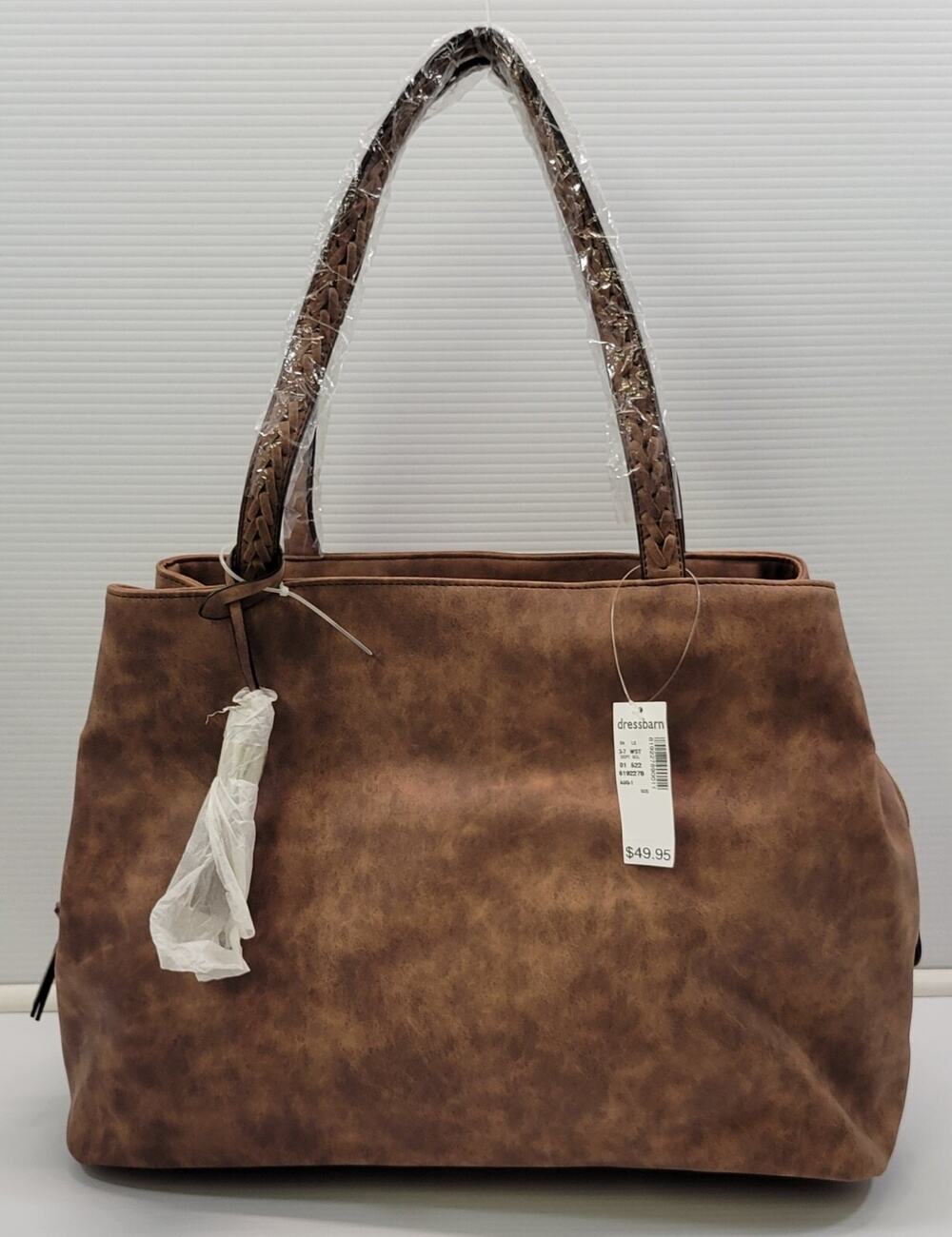 BG) Dressbarn Brown Faux Leather Handbag Tote Braided Tassel
